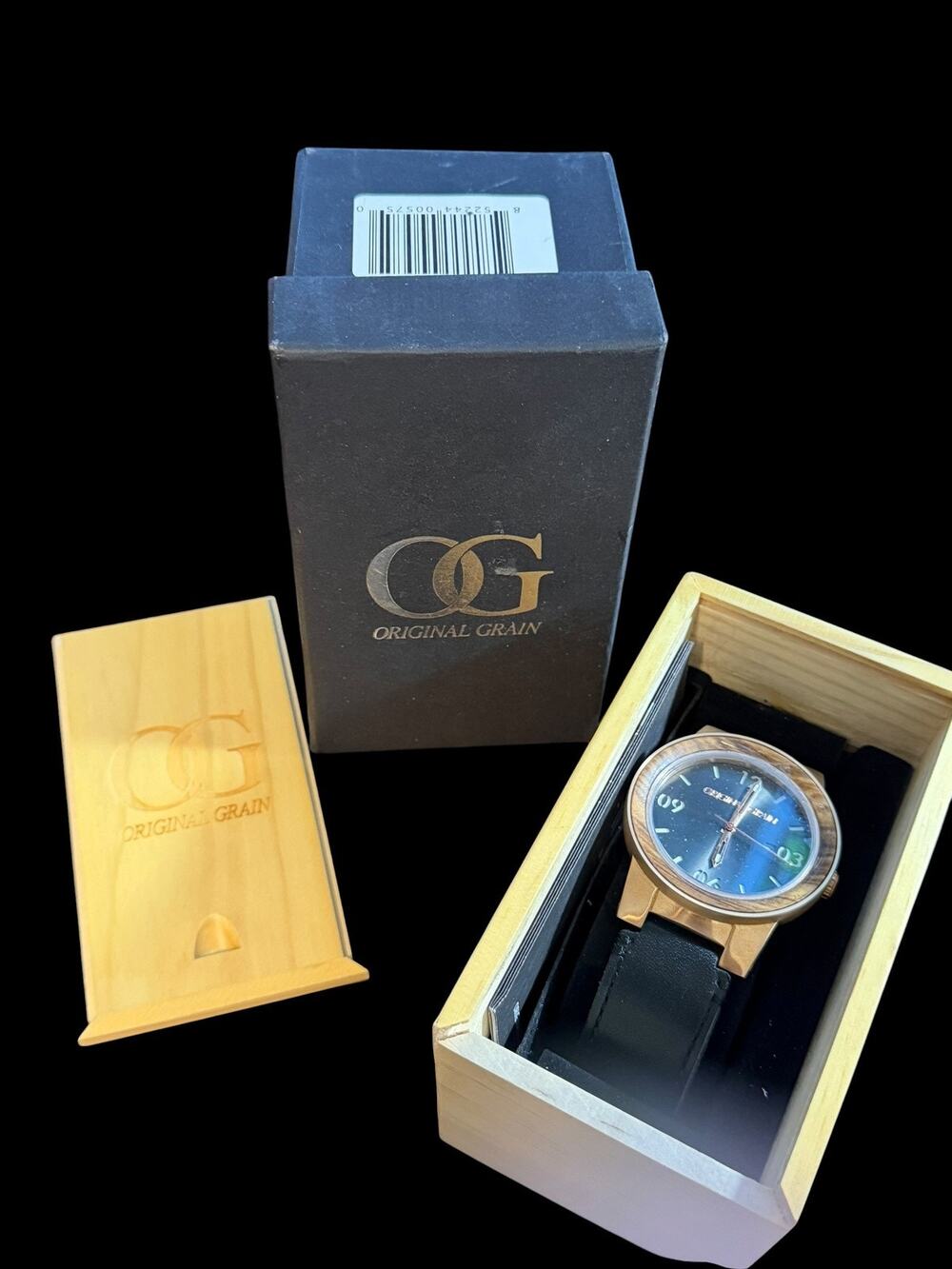 Original Grain Rose Gold Wood Grain Bezel Black Leather Strap Watch NEW